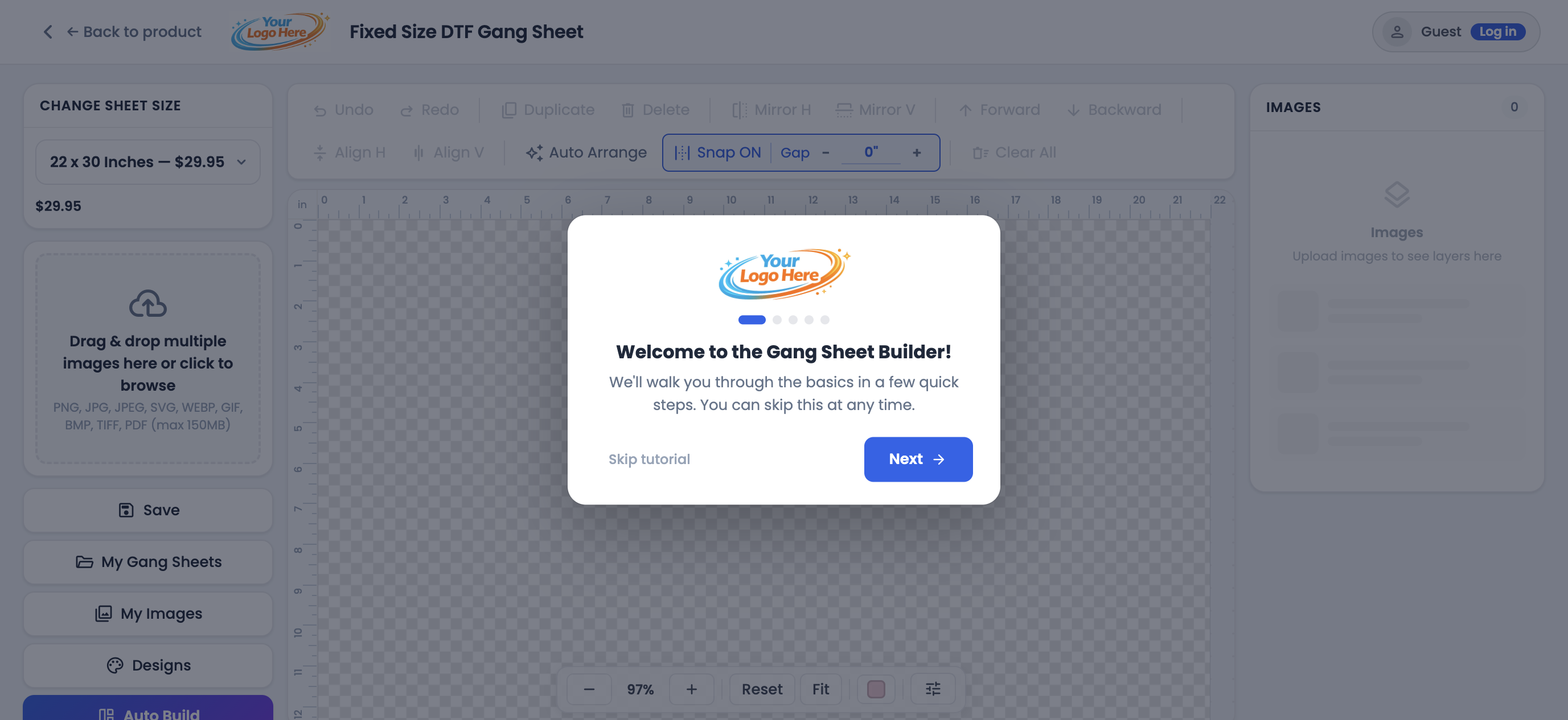 First-visit tutorial overlay in the gang sheet builder