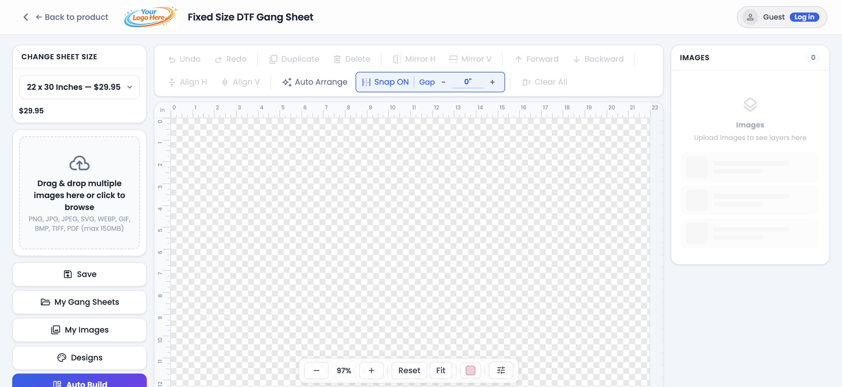 Gang sheet builder with upload panel, canvas, and toolbar