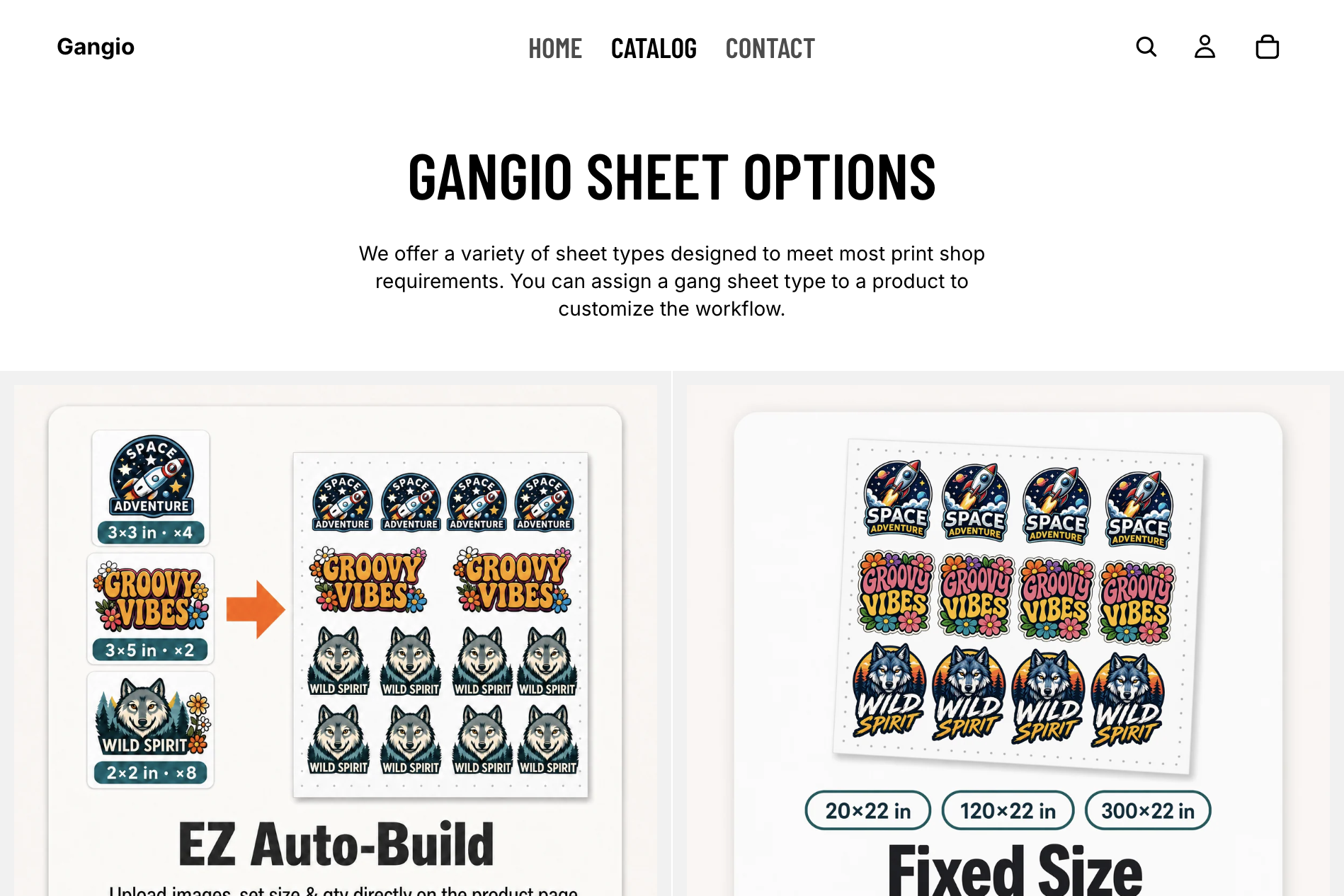 Gangio demo store showing four gang sheet product types