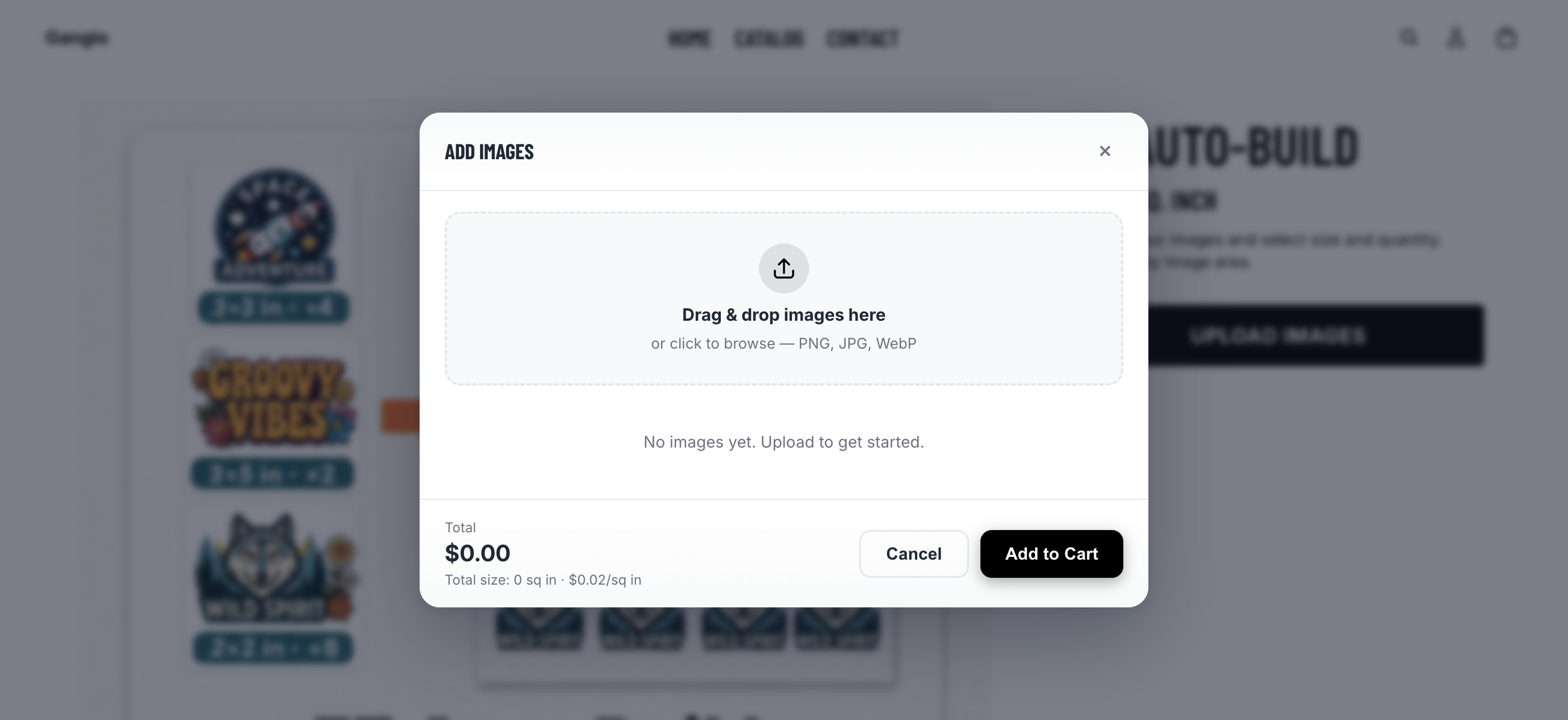 Add Images modal with drag and drop upload and live pricing