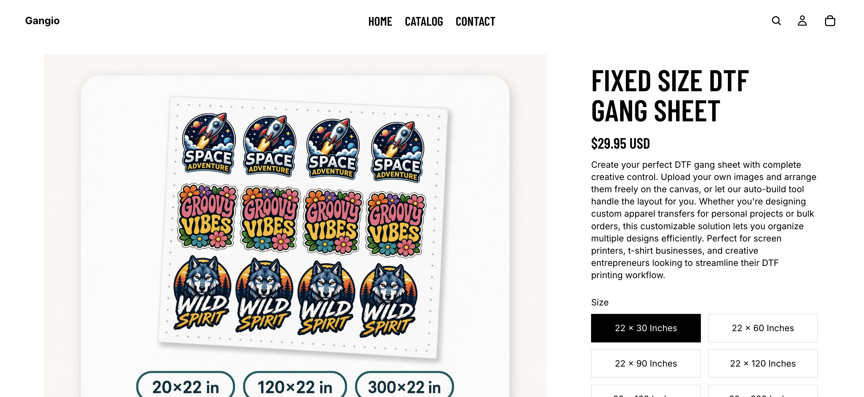 Fixed size gang sheet product page with size options and Build Gang Sheet button