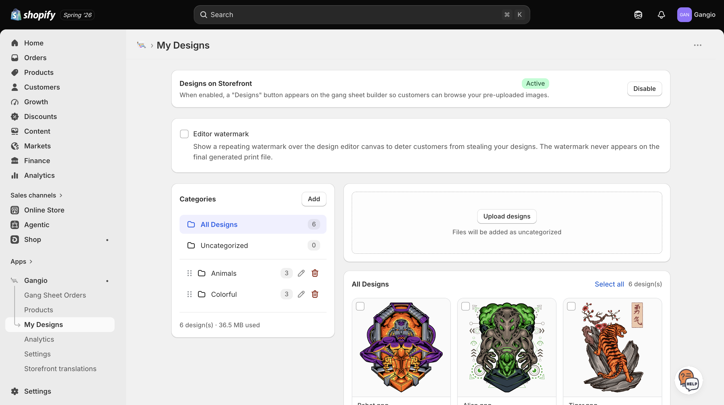 My Designs page with categories, upload area, and design gallery
