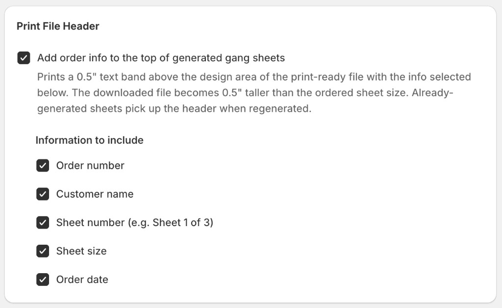 Print File Header settings with order info fields enabled