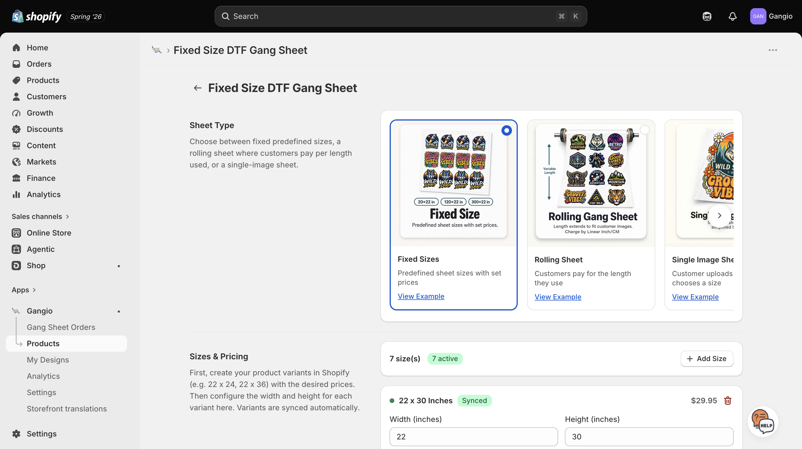 Fixed size product configuration with sheet type selector and size list