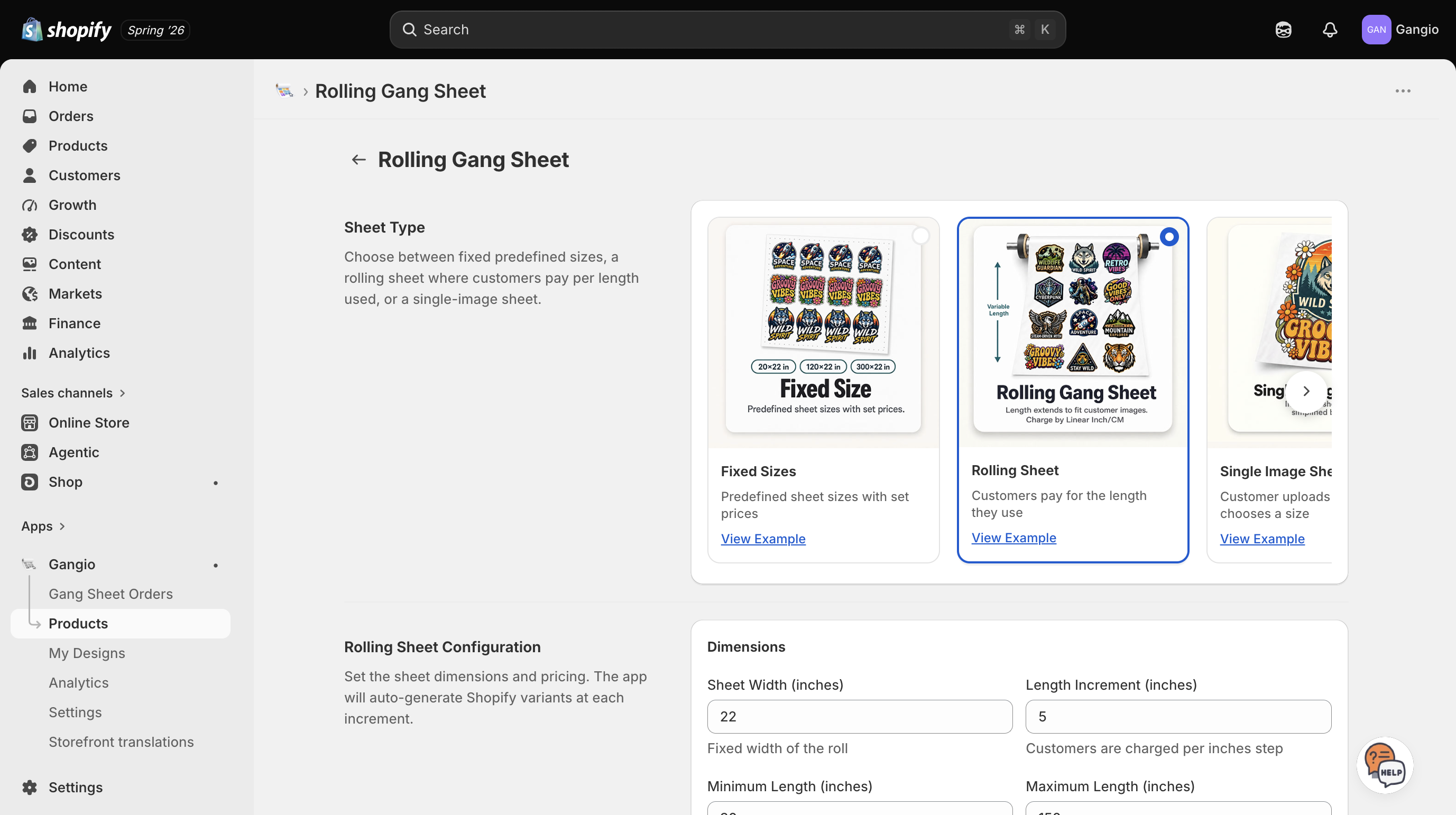 Rolling sheet configuration with width, length increment, and min/max length