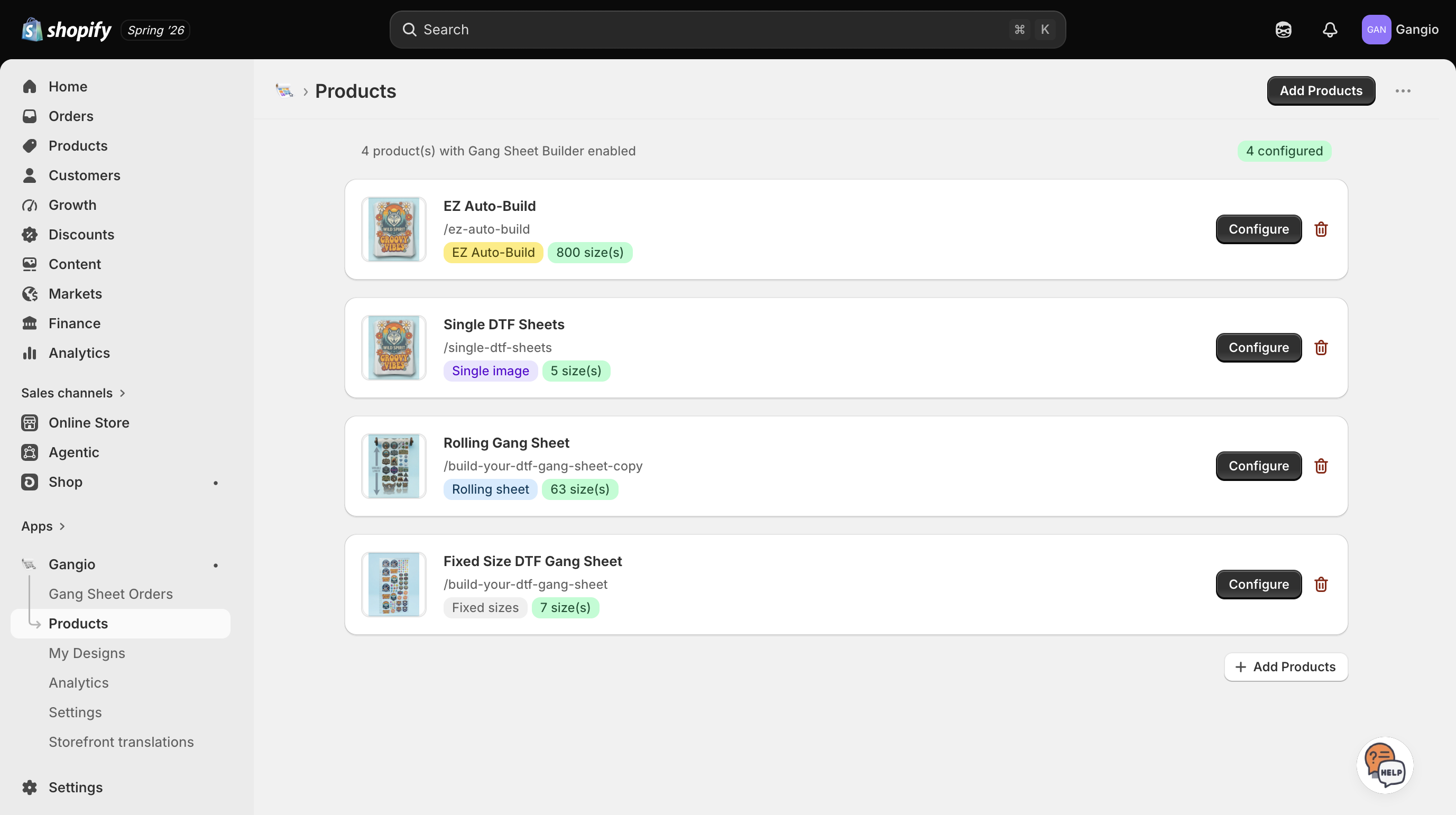 Gangio Products page listing configured gang sheet products