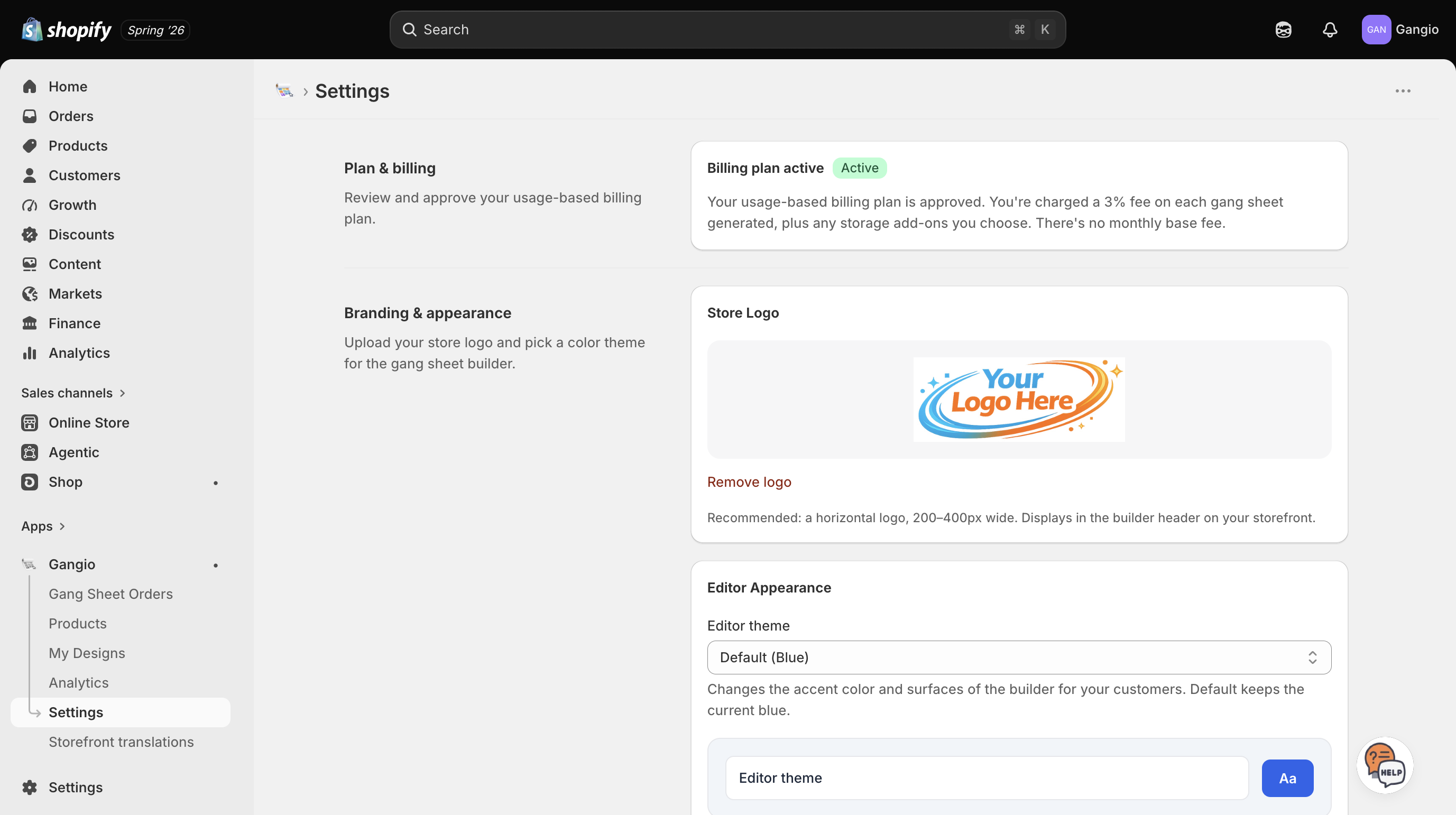 Gangio Settings page showing billing, branding, and editor appearance