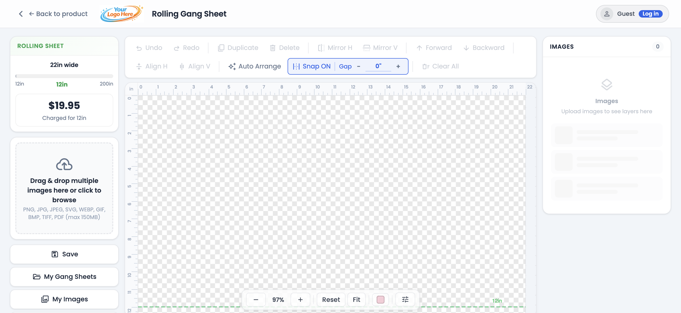 Rolling gang sheet builder showing length slider and live price
