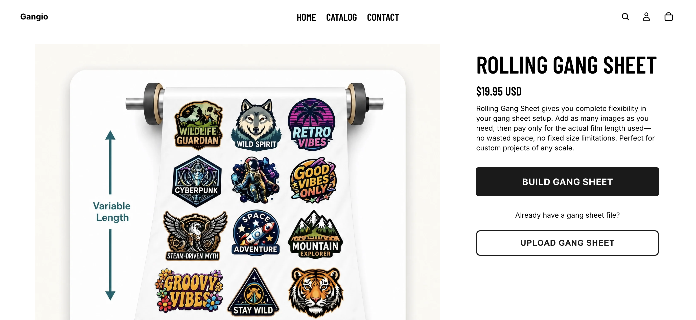 Rolling gang sheet product page with variable length illustration